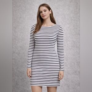 Striped Long Sleeve Bodycon Dress | 100% Cotton | Size S